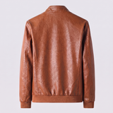 Men's cognac faux leather racer jacket, studio rear