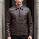 Men's Point-Collar Zip Jacket with Side Pockets, Brown, three-quarter lifestyle