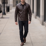 Men's Point-Collar Zip Jacket with Side Pockets, Brown, full-body lifestyle