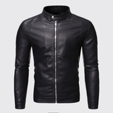 Men's Black Faux Leather Racer Jacket with Zip Cuffs, studio front
