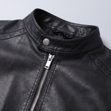 Men's Black Faux Leather Racer Jacket with Zip Cuffs, collar detail
