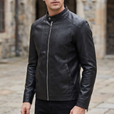 Men's Black Faux Leather Racer Jacket with Zip Cuffs, three-quarter lifestyle