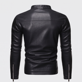 Men's Black Faux Leather Racer Jacket with Zip Cuffs, studio rear