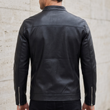 Men's Black Faux Leather Racer Jacket with Zip Cuffs, rear on model