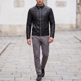 Men's Black Faux Leather Racer Jacket with Zip Cuffs, full-body lifestyle