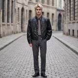 Men's Cropped Faux Leather Jacket with Panelled Shoulders, Black, full-body lifestyle