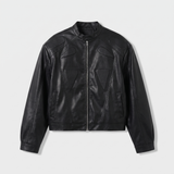Men's Cropped Faux Leather Jacket with Panelled Shoulders, Black, studio front