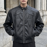 Men's Cropped Faux Leather Jacket with Panelled Shoulders, Black, front lifestyle