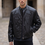 Men's Cropped Faux Leather Jacket with Panelled Shoulders, Black, three-quarter lifestyle
