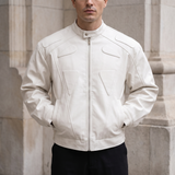 Men's Cropped Faux Leather Jacket with Panelled Shoulders, White, front lifestyle
