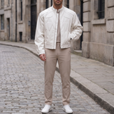 Men's Cropped Faux Leather Jacket with Panelled Shoulders, White, full-body lifestyle
