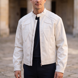 Men's Cropped Faux Leather Jacket with Panelled Shoulders, White, three-quarter lifestyle