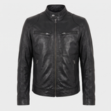 Men's Faux Leather Racer Jacket with Zip Chest Pockets, Black, studio front