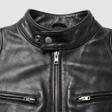 Men's Faux Leather Racer Jacket with Zip Chest Pockets, Black, collar detail