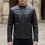 Men's Faux Leather Racer Jacket with Zip Chest Pockets, Black, three-quarter lifestyle