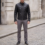 Men's Faux Leather Racer Jacket with Zip Chest Pockets, Black, full-body lifestyle