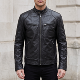Men's Faux Leather Racer Jacket with Zip Chest Pockets, Black, front lifestyle