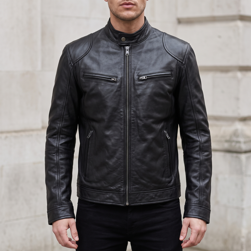 Men's Faux Leather Racer Jacket with Zip Chest Pockets, Black, front lifestyle
