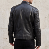 Men's Faux Leather Racer Jacket with Zip Chest Pockets, Black, rear on model