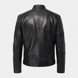 Men's Faux Leather Racer Jacket with Zip Chest Pockets, Black, studio rear
