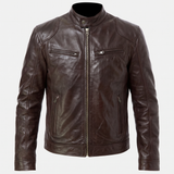 Men's Faux Leather Racer Jacket with Zip Chest Pockets, Brown, studio front