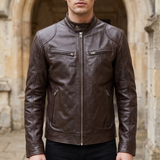 Men's Faux Leather Racer Jacket with Zip Chest Pockets, Brown, front lifestyle