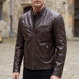 Men's Faux Leather Racer Jacket with Zip Chest Pockets, Brown, three-quarter lifestyle