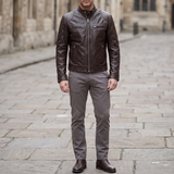 Men's Faux Leather Racer Jacket with Zip Chest Pockets, Brown, full-body lifestyle