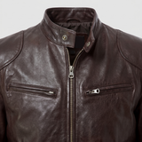 Men's Faux Leather Racer Jacket with Zip Chest Pockets, Brown, collar detail