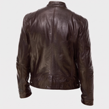 Men's Faux Leather Racer Jacket with Zip Chest Pockets, Brown, studio rear