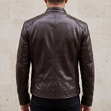 Men's Faux Leather Racer Jacket with Zip Chest Pockets, Brown, rear on model