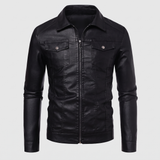 Men's Faux Leather Zip Trucker Jacket with Flap Pockets, Black, studio front