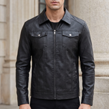Men's Faux Leather Zip Trucker Jacket with Flap Pockets, Black, front lifestyle