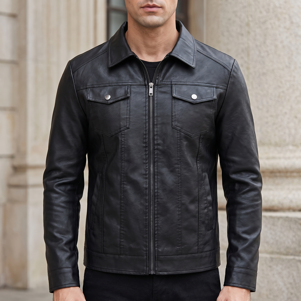 Men's Faux Leather Zip Trucker Jacket with Flap Pockets, Black, front lifestyle
