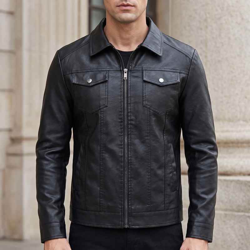 Men's Faux Leather Zip Trucker Jacket with Flap Pockets, Black, front lifestyle