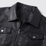 Men's Faux Leather Zip Trucker Jacket with Flap Pockets, Black, collar detail