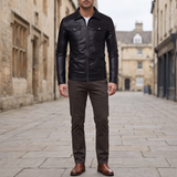 Men's Faux Leather Zip Trucker Jacket with Flap Pockets, Black, full-body lifestyle