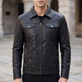 Men's Faux Leather Zip Trucker Jacket with Flap Pockets, Black, three-quarter lifestyle