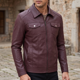Men's Faux Leather Zip Trucker Jacket with Flap Pockets, Burgundy, three-quarter lifestyle