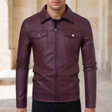 Men's Faux Leather Zip Trucker Jacket with Flap Pockets, Burgundy, front lifestyle