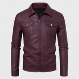 Men's Faux Leather Zip Trucker Jacket with Flap Pockets, Burgundy, studio front