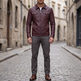Men's Faux Leather Zip Trucker Jacket with Flap Pockets, Burgundy, full-body lifestyle