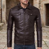 Men's Faux Leather Zip Trucker Jacket with Flap Pockets, Coffee, three-quarter lifestyle