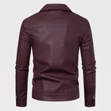 Men's Faux Leather Zip Trucker Jacket with Flap Pockets, Burgundy, studio rear
