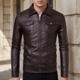 Men's Faux Leather Zip Trucker Jacket with Flap Pockets, Coffee, front lifestyle