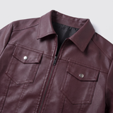 Men's Faux Leather Zip Trucker Jacket with Flap Pockets, Burgundy, collar detail