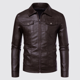 Men's Faux Leather Zip Trucker Jacket with Flap Pockets, Coffee, studio front