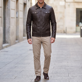 Men's Faux Leather Zip Trucker Jacket with Flap Pockets, Coffee, full-body lifestyle