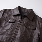 Men's Faux Leather Zip Trucker Jacket with Flap Pockets, Coffee, collar detail