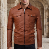 Men's Faux Leather Zip Trucker Jacket with Flap Pockets, Cognac, front lifestyle